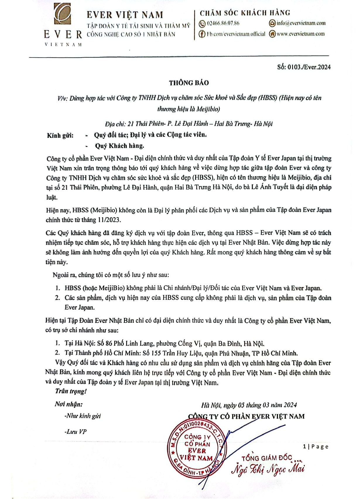 Tập đoàn EVER thông báo dừng hợp tác với Công ty TNHH Dịch vụ chăm sóc Sức khỏe và Sắc đẹp HBSS (Meijibio)